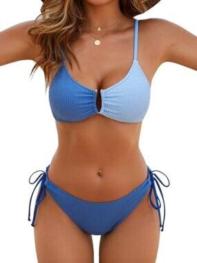 Sexy 2 Piece Bikini Sets Cheeky High Cut Bathing Suit Color Block Textured U-Wir